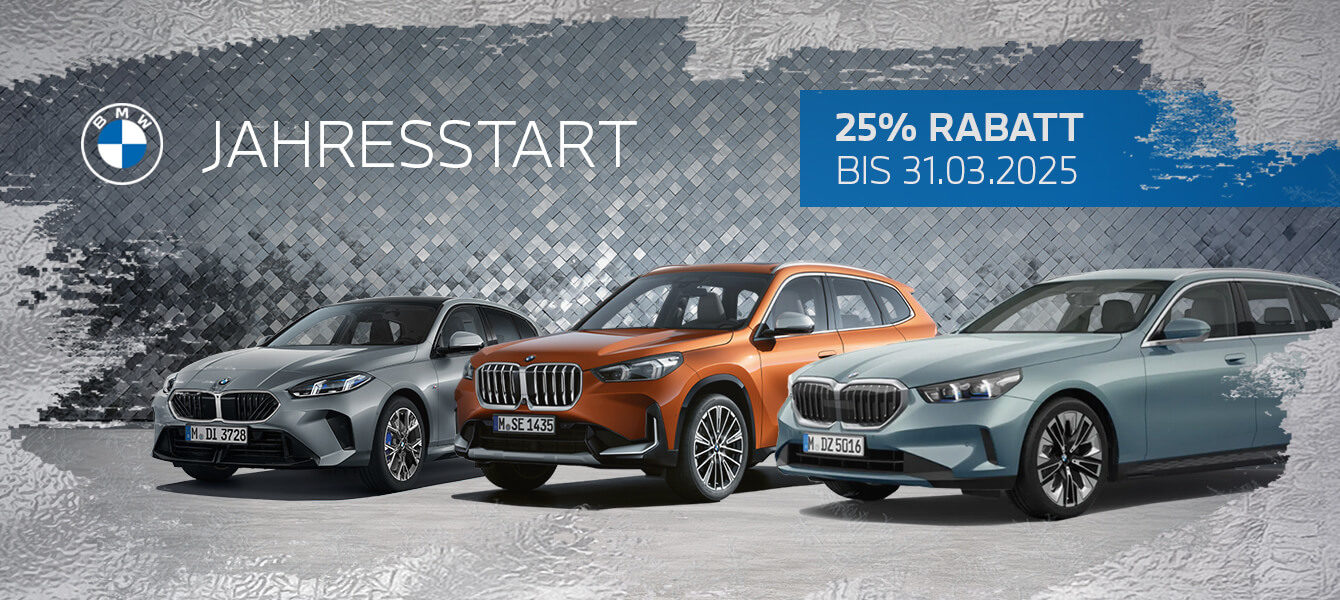 Drei BMW-Modelle vor einer modernen Wand mit dem Schriftzug „Jahresstart“ und einem Hinweis auf 25 % Rabatt bis 31.03.2025.