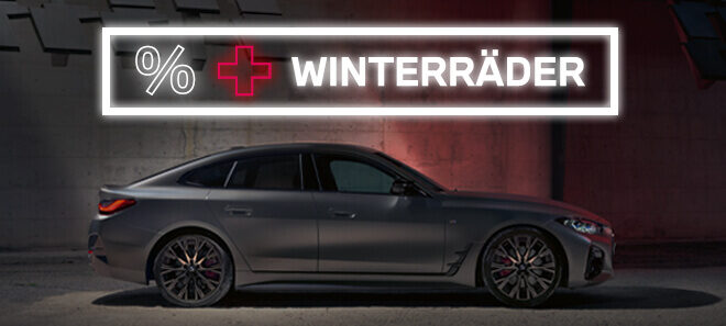 BMW Gran Coupé in Mattgrau mit Black Week Angebot für Winterräder beim Autohaus Kühnert.