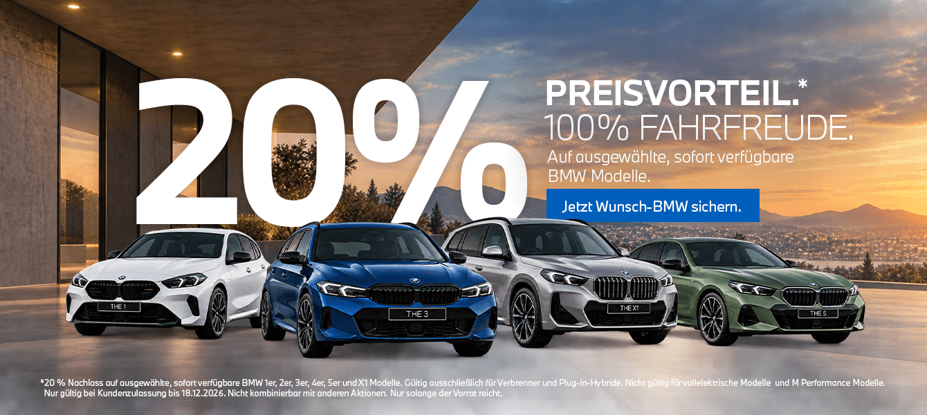 20 % Preisvorteil auf ausgewählte sofort verfügbare BMW 1er, 2er, 3er, 4er, 5er und X1 Modelle bei Autohaus Kühnert.