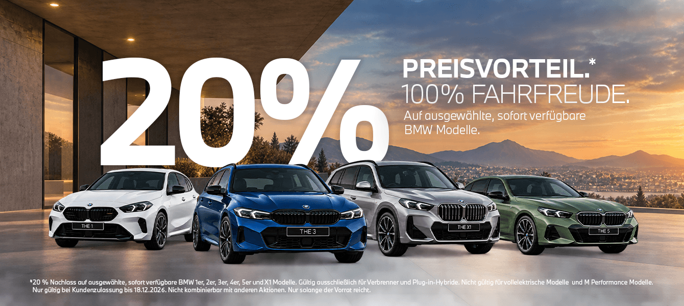 20 % Preisvorteil auf ausgewählte sofort verfügbare BMW 1er, 2er, 3er, 4er, 5er und X1 Modelle bei Autohaus Kühnert.